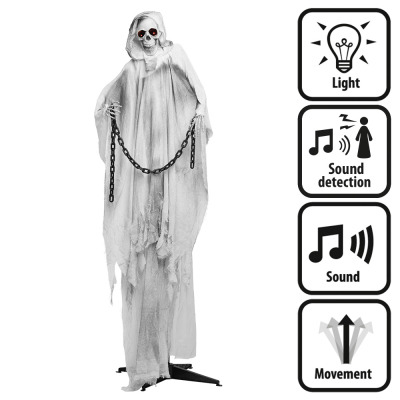 Standing halloween decoration of a chained ghost in white robe with creepy red eyes, scary sounds and movements.