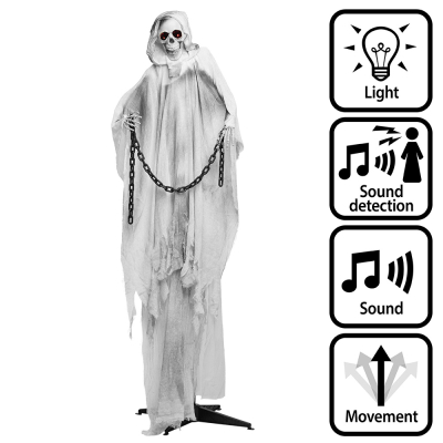 Standing halloween decoration of a chained ghost in white robe with creepy red eyes, scary sounds and movements.
