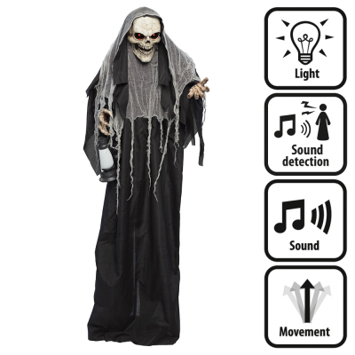 Standing halloween decoration of a creepy reaper in a black robe with lantern in his hand and red glowing eyes, scary sounds and movements.