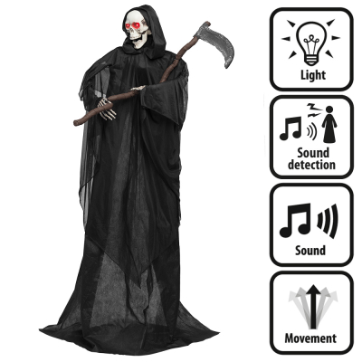 Staande halloweendecoratie van een grim reaper in zwart gewaad met een zeis en rode oplichtende ogen, enge geluiden en bewegingen.