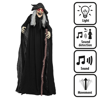 Standing halloween decoration of an old witch with black witch hat, robe and cane and red glowing eyes, sounds and movements.
