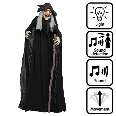 Standing halloween decoration of an old witch with black witch hat, robe and cane and red glowing eyes, sounds and movements.
