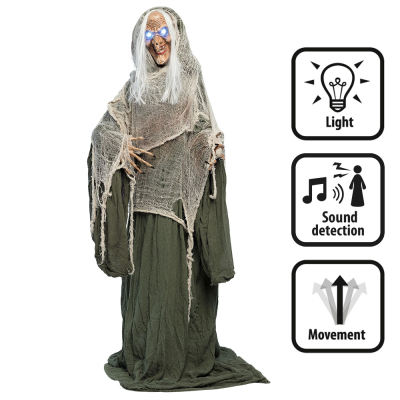 Standing halloween decoration of a grinning witch with white hair and moss green robe and scary features such as glowing eyes, sounds and movements.