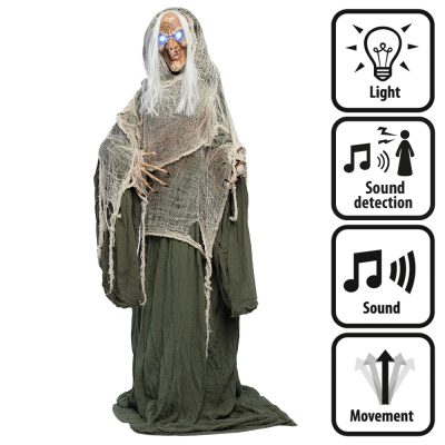 Standing halloween decoration of a grinning witch with white hair and moss green robe and scary features such as glowing eyes, sounds and movements.