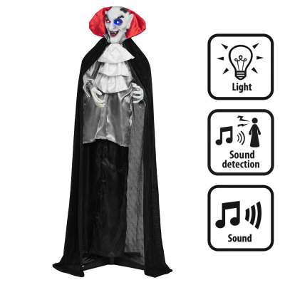 Standing halloween decoration of a smiling vampire with fangs, red/black cape, glowing red and blue eyes and scary sounds.