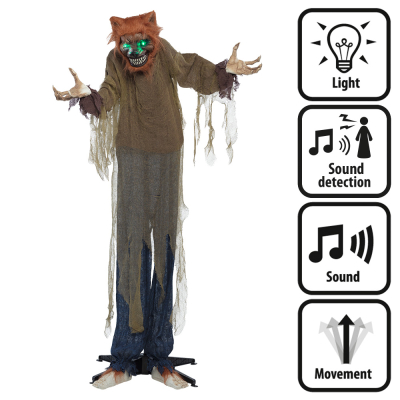 Standing halloween decoration of a scary smiling werewolf with sharp teeth, claws and glowing green eyes, also making sounds and movements.