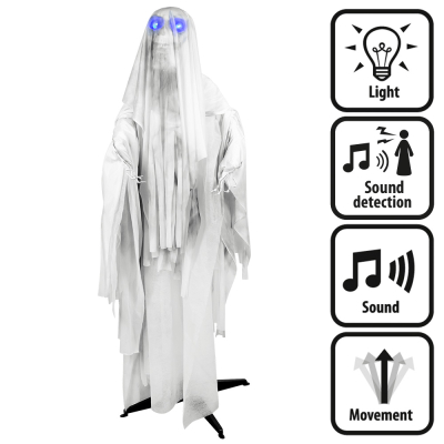 Stehende Halloween-Dekoration eines wehklagenden weißen Gespenstes mit leuchtenden blauen Augen und schaurigen Bewegungen.