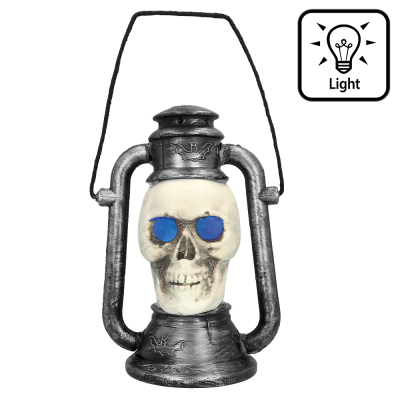 Decorative halloween lantern with a skull with glowing blue eyes.