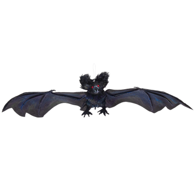 Halloween decoration of a black bat with open wings and red eyes, which can be hung on a string.