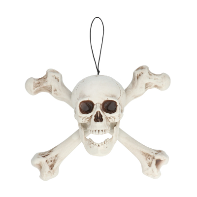 A hanging skull decoration with crossbones for Halloween or a pirate-themed party.