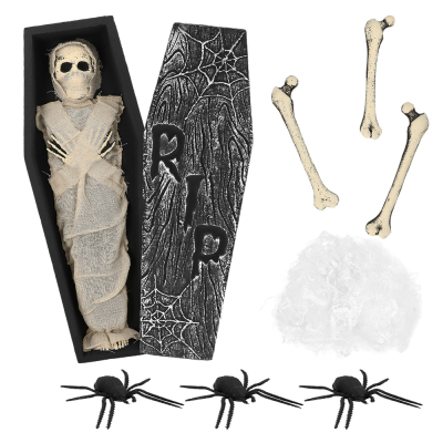 A Halloween mummy decoration set with the following creepy items: a RIP coffin containing a small mummy, 3 black spiders, a white spider's web and 3 bones.  