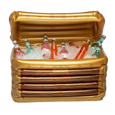 Inflatable treasure chest with the lid open, filled with ice cream and drinks.