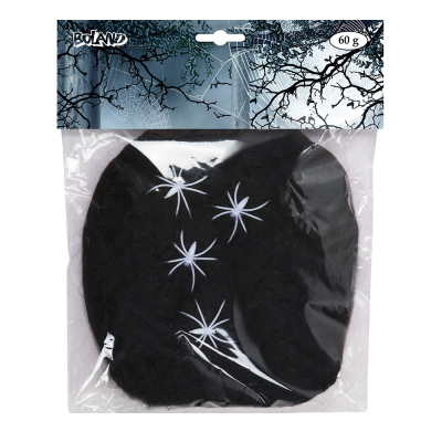 Packaging of decorative black cobweb with 4 white spiders.