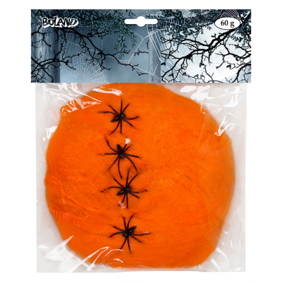 Packaging of decorative orange cobweb with 4 black spiders.