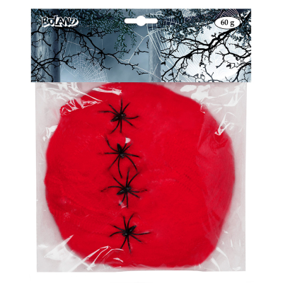 Packaging of decorative red cobweb with 4 black spiders.