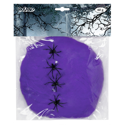 Packaging of decorative purple cobweb with 4 black spiders.