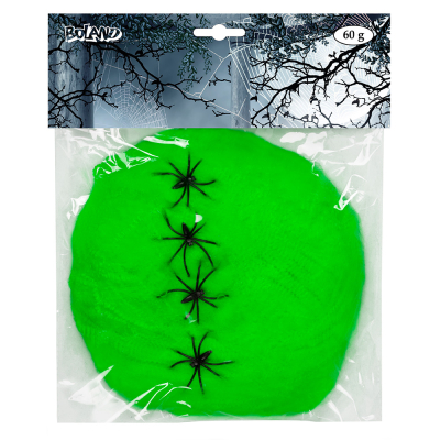 Packaging of decorative green cobweb with 4 black spiders.