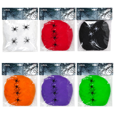 6 Packungen dekorative Spinnennetze mit 4 Spinnen in verschiedenen Farben: weiß, schwarz, rot, orange, grün und lila.