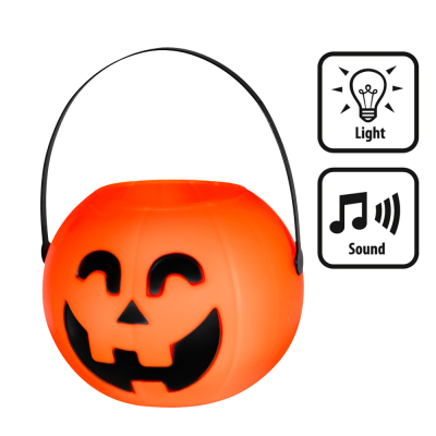 Halloween candy bucket in the shape of a smiling orange pumpkin that lights up and makes sounds.