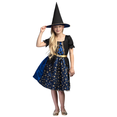 Girl is wearing a dark blue and black witch costume with gold stars and belt and a black witch hat.