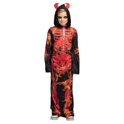 Boy in a devil skeleton costume consisting of a long black robe with a red skeleton design and red flames and a hood with red horns.