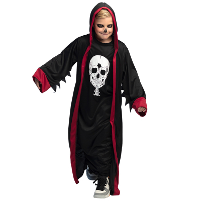 Boy wearing a Halloween costume consisting of a black robe with a white skull on it and a black coat with hood and red trim.