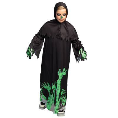 Boy wearing a reaper Halloween costume consisting of a black robe with neon green arms on it, a black hood and gloves with green skeleton hands.
