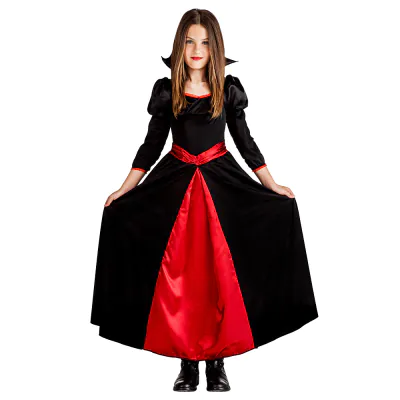 A girl wears a beautiful vampire halloween costume with a red, black long ball gown and high classic collar.