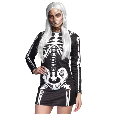 Woman wears a short black long-sleeved skeleton dress, is face painted and on her head she has a white long wig.