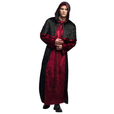 Man wearing a red/black Halloween robe with long sleeves and hood.
