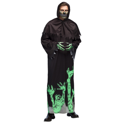 Painted man wearing a black Halloween robe with ghostly green printing at the bottom and on the gloves. The costume has long sleeves and hood.