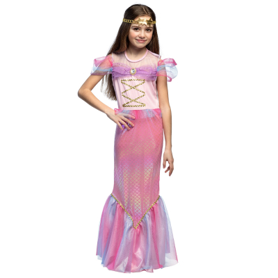 Girl wearing a pink princess mermaid dress and a gold headband.