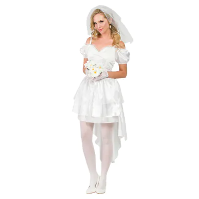 A woman wears a bride costume including short white dress, matching lace gloves and a white veil.