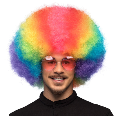 Smiling man with stubble wears a large luxurious clown wig in rainbow colours.