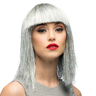 Woman wears a striking silver glitter wig with a mid-length bob and fringe. Perfect as an accessory for a New Year's Eve party, carnival, fancy dress party or cosplay.