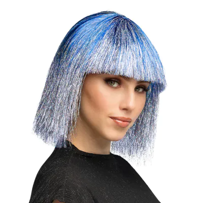 A woman wears a short, blue bob wig with shiny silver tinsels and fringes.