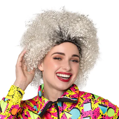 A woman wears a full, white 80s curly wig.