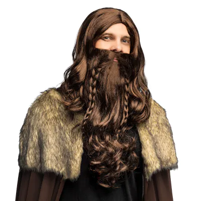 A man wears a long, brown viking wig with matching long beard.
