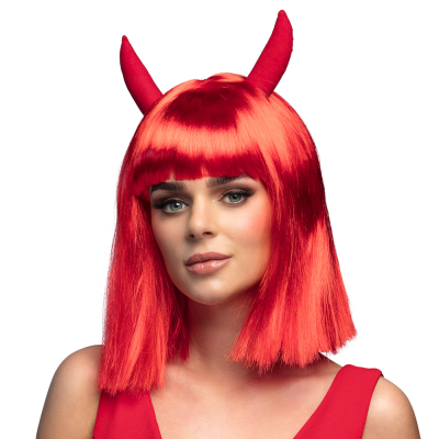 Woman wearing a red long bob cut devil wig with fringes and devil horns.