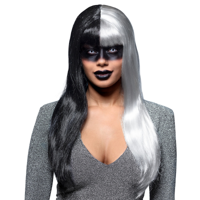 Woman with make-up on, white Halloween lenses in and wearing a wig with long straight hair with fringes with the left half black and the right half white