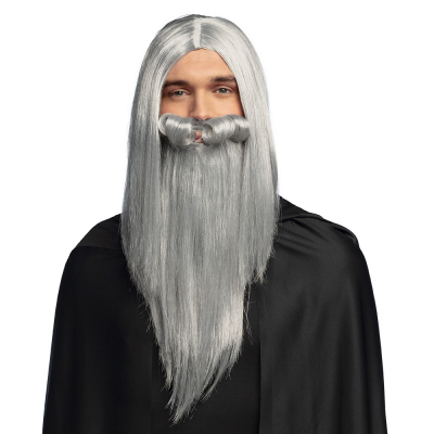 Man wearing grey wizard wig with beard and curly moustache.