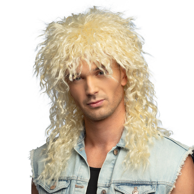 Man wearing a blonde, long rocker wig with small curls with fringes. 