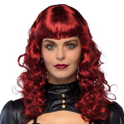 Woman wearing red-haired Steampunk wig with curls and fringes.