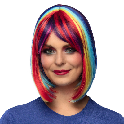 Woman wearing a bob-line wig in rainbow colours.