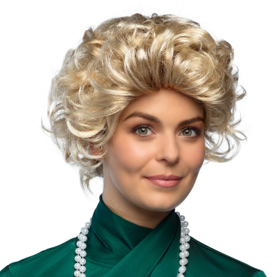 Woman with short, blonde 80s wig with light curl.
