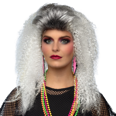 Woman with long, grey 80s wig with waffle iron curls.