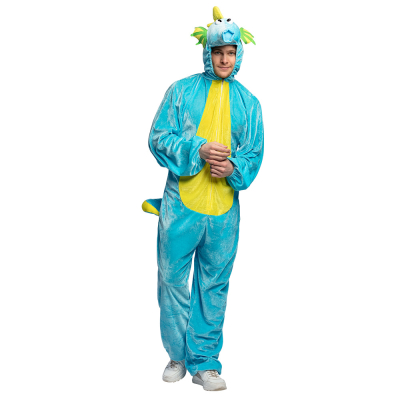 Man draagt een blauw zeepaardje funny onesie kostuum.