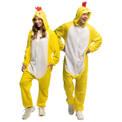 A man and woman wear the same yellow chicken costume that consists of a cute soft jumpsuit with pockets and a playful hood with beak.