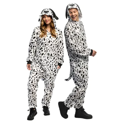 A man and woman wear a cute dalmatian costume with soft onesie including handy pockets, a cute tail and hood with ears and nose.