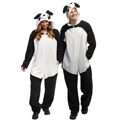 A man and woman wear a fun panda costume featuring soft onesie with handy pockets and hood with ears and nose.